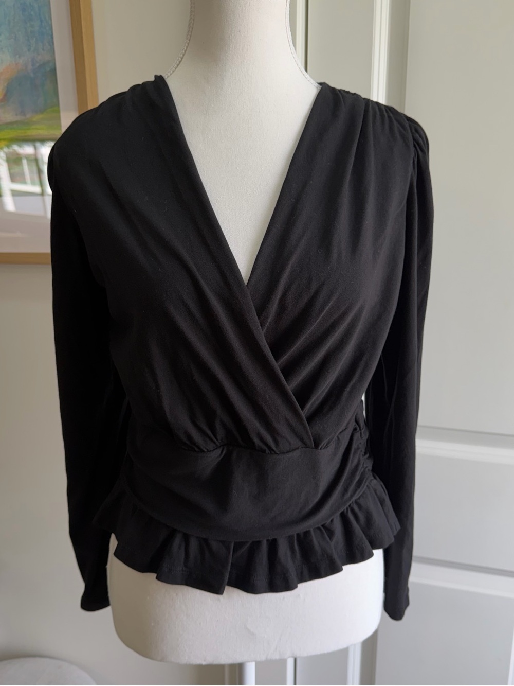Banana Republic Black Wrap Top Petite M Long Sleeve Ruffle Hem Peplum Blouse PM
